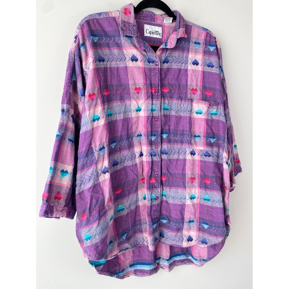 Vintage Capistrano Heart Plaid Button Up Shirt 20/22 Purple 90s Retro Valentines - Picture 2 of 9